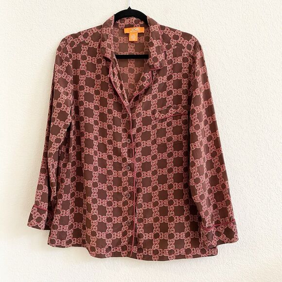Joe Fresh 100% Silk Red Brown Blouse Button Down Womens Blouse Artsy 70s Retro L - Picture 1 of 9